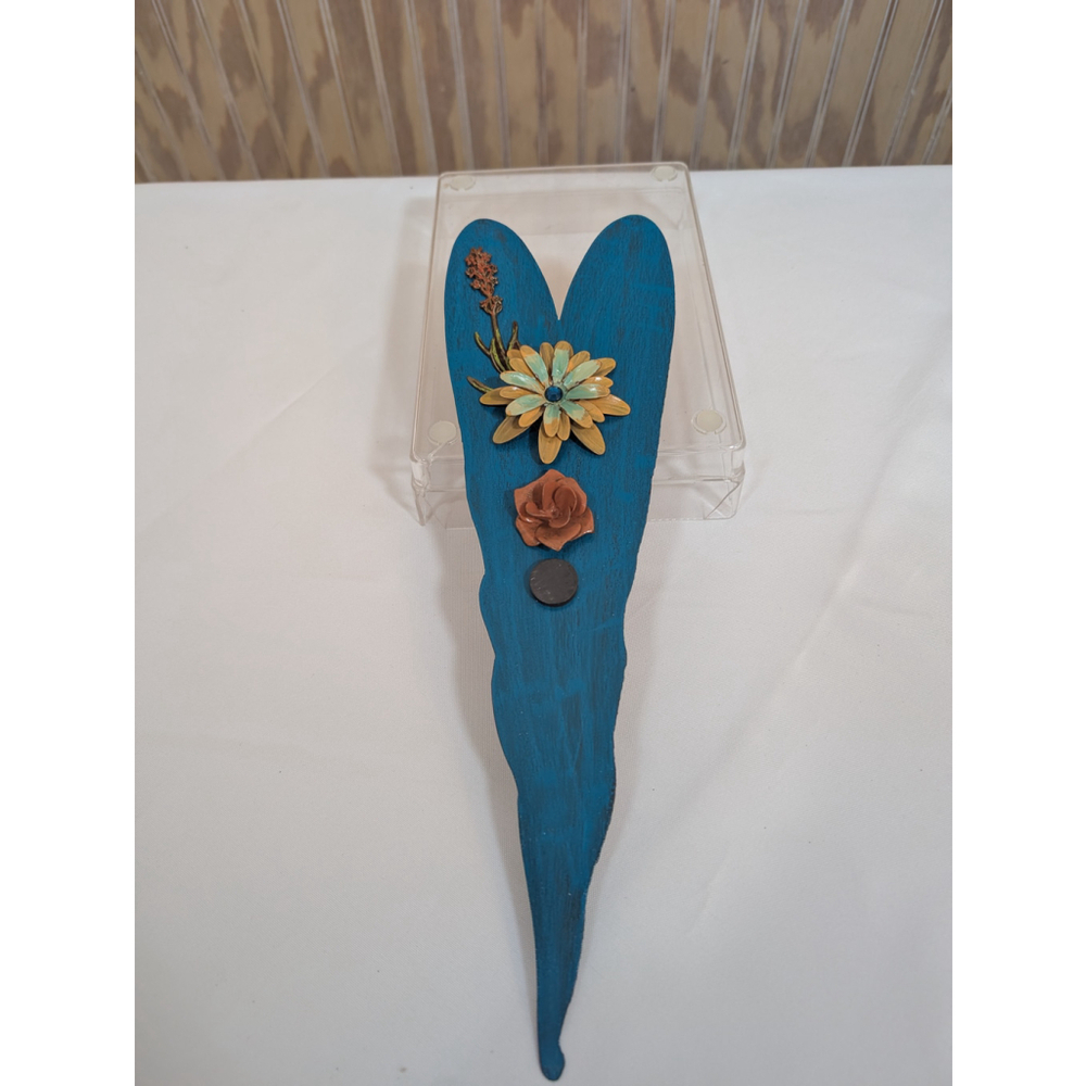Magnetized Heart Wall Art - Blue Heart w/ Metal Flower Detailing